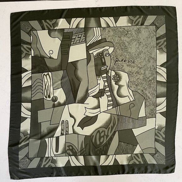 Picasso Art Inspired w Wide Solid Border 34" x 34" Square Scarf Green - no tags - Picture 1 of 7